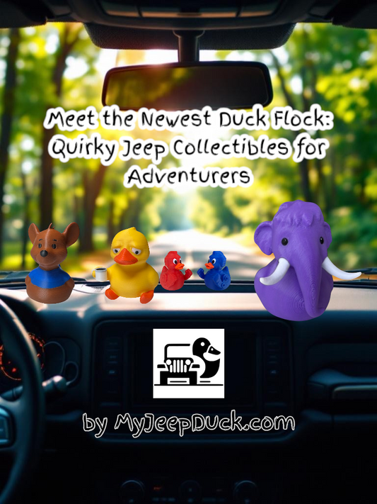 A cheerful display of the latest Jeep duck collectibles featuring Baby Kangaroo Duck, Dead Inside Duck, Duck’em Up Robots, and Purple Wooly Mammoth Duck, each showcasing vibrant colors and playful designs.