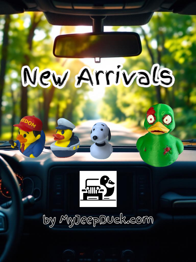 A vibrant collection of adventure-themed ducks including the Freedom Duck, Cruise Duck, White Beagle Duck, and Zombie Duck, all displayed on a Jeep dashboard.